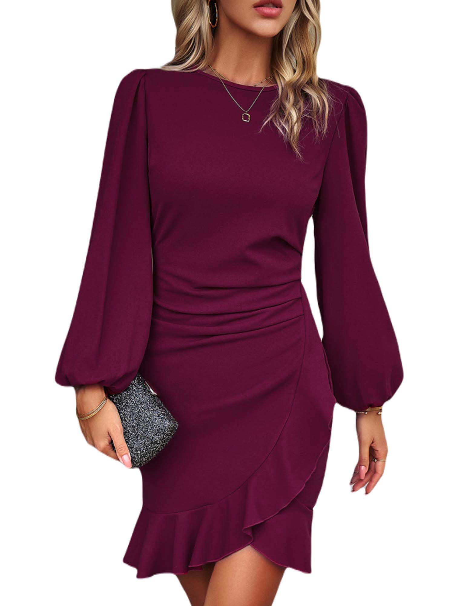 Spicy Sandia Women Ruched Bodycon Cocktail Formal Mini Dress Elegant Ruffled Lantern Sleeve Business Work Banquet Tulip Dress Purple Large