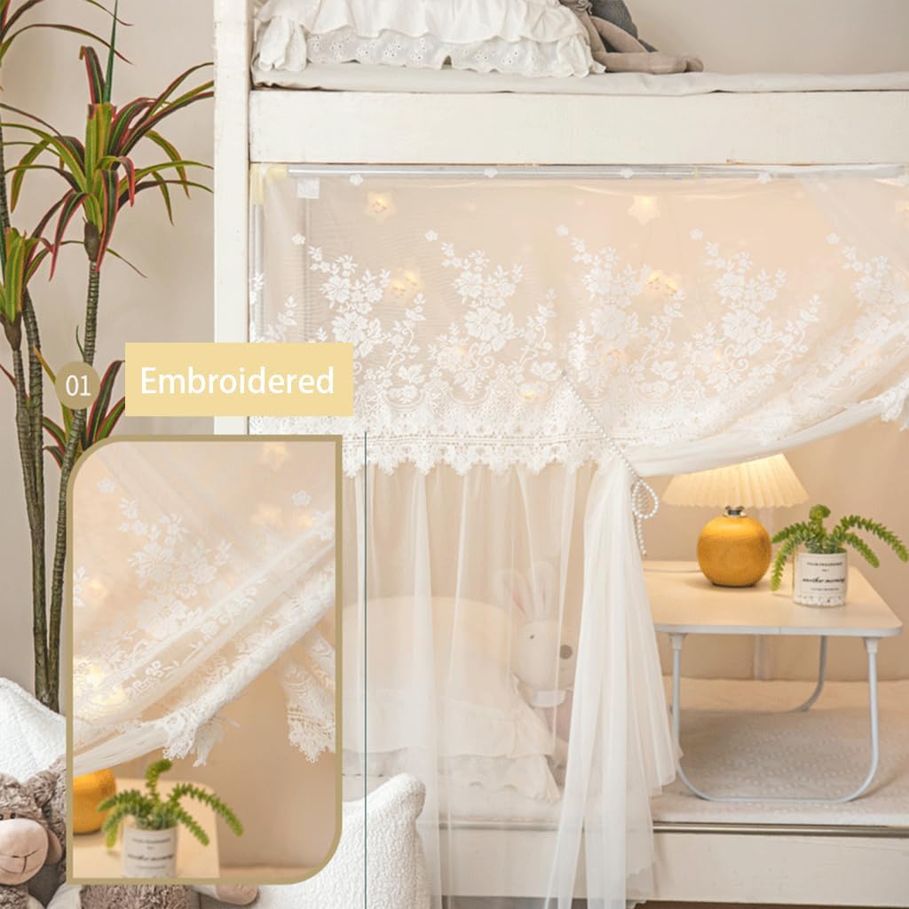 4 Corner Post Students Dorm Bunk Mosquito Net Bed Canopy Netting Students Bed Curtains for Student Dormitory School College Bedroom Decoration (White-Flower, 35" W x 74" L (Pack of 1))