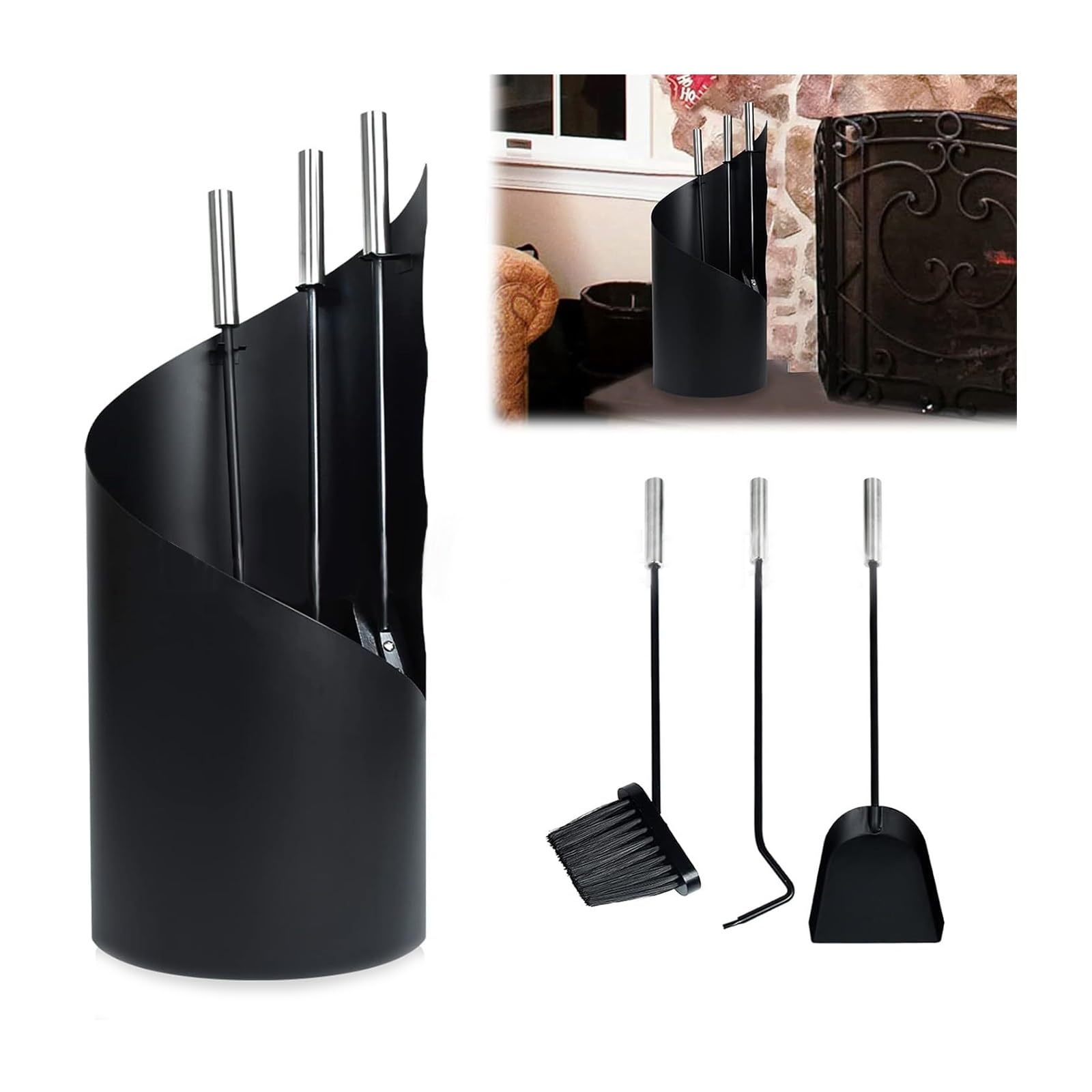 Juego de 4 herramientas para chimenea, pala de hierro forjado, cepillo y soporte para interiores y exteriores, hoguera, sala de estar
