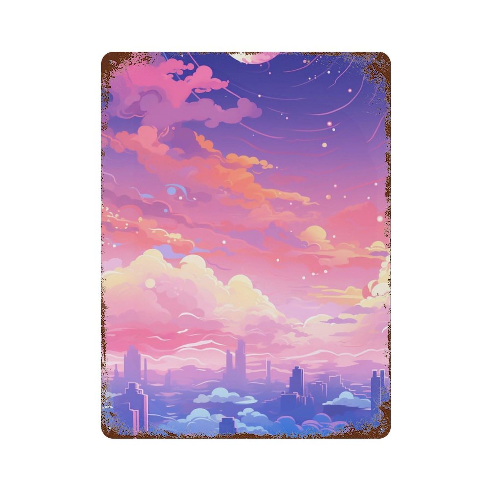 Rust Effect City Skyline Sunset Rustic Tin Plaque 15.7"x11.8", Industrial Home Decor for Bistro, Counter And Cafe Decor