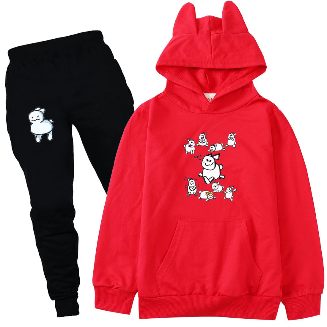 Hzsyc Boys Forsaken Gubby Cat's Ear Shaped Hoodie and Pants 2Pcs Kids Funny Cute Rabbit Gubby Sweatshirt Set (red,7-8years)