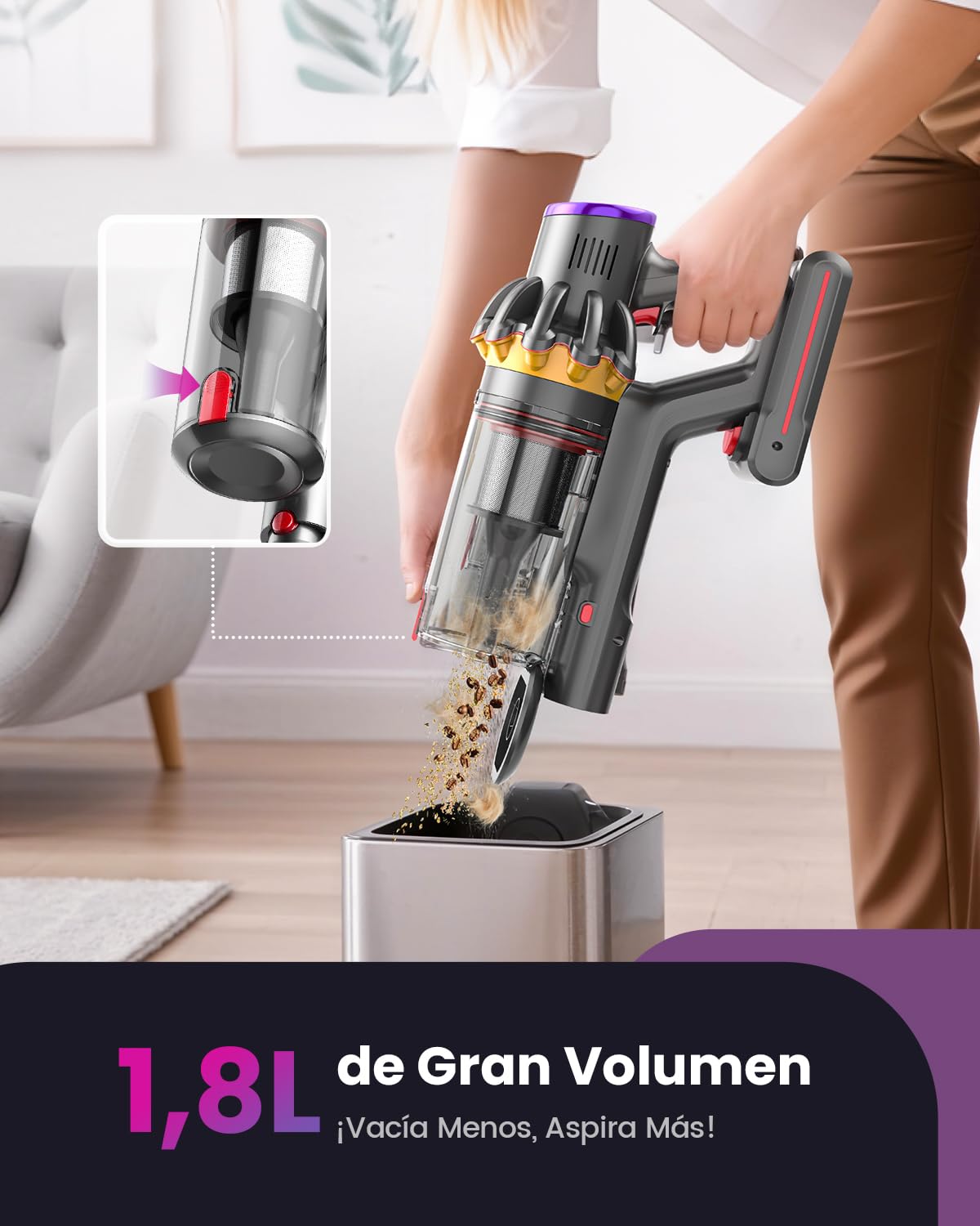 45kPa/580W/70Mins Aspiradora sin Cable, 1.8L Aspirador de Mano con Cepillo Antienredos, Pantalla Táctil, Carga de Pared, 6 en 1 Escoba Aspiradora, Ideal para Suelos Alfombras Pelo de Animales