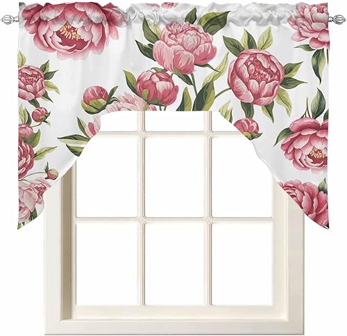 Miniatura 11 de Juego de cortinas de cocina con festón floral verde salvia, cenefa y nivel, 24 pulgadas de largo, diseño retro de flores rosa pastel, cortinas Verde