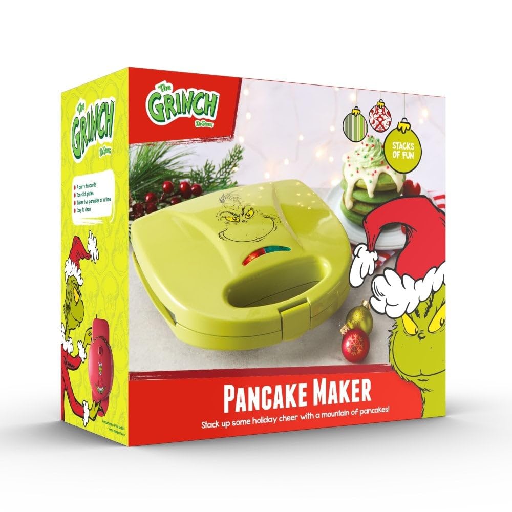 The Grinch from Daewoo Electricals - Máquina para hacer panqueques del Reino Unido, placas antiadherentes, verde, mango de bloqueo, almacenamiento de cables, 23 pulgadas de ancho x 21,6 pulgadas de