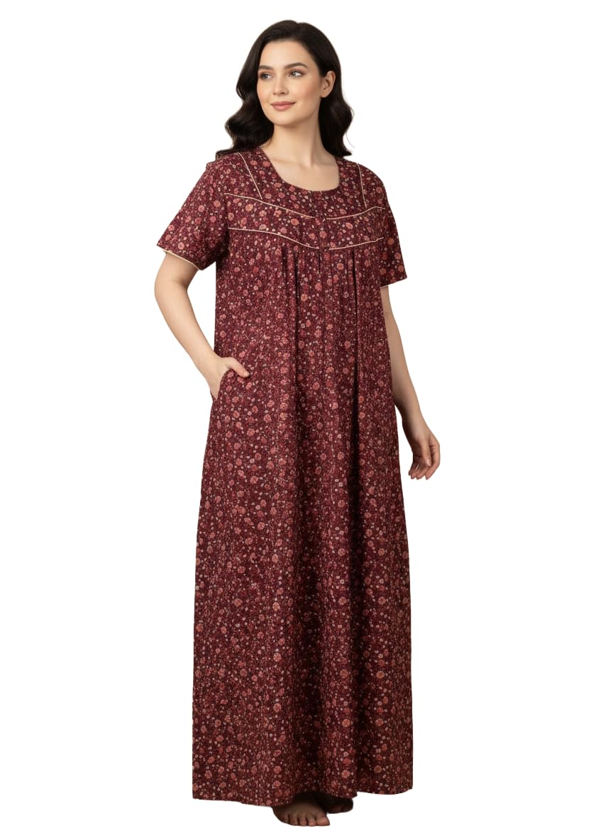 Cotton Nighty for Women Stylish Full Length with Lace | Floral Print Pure Cotton Maxi Dress for Women with Pocket Free Size | Gown for Women