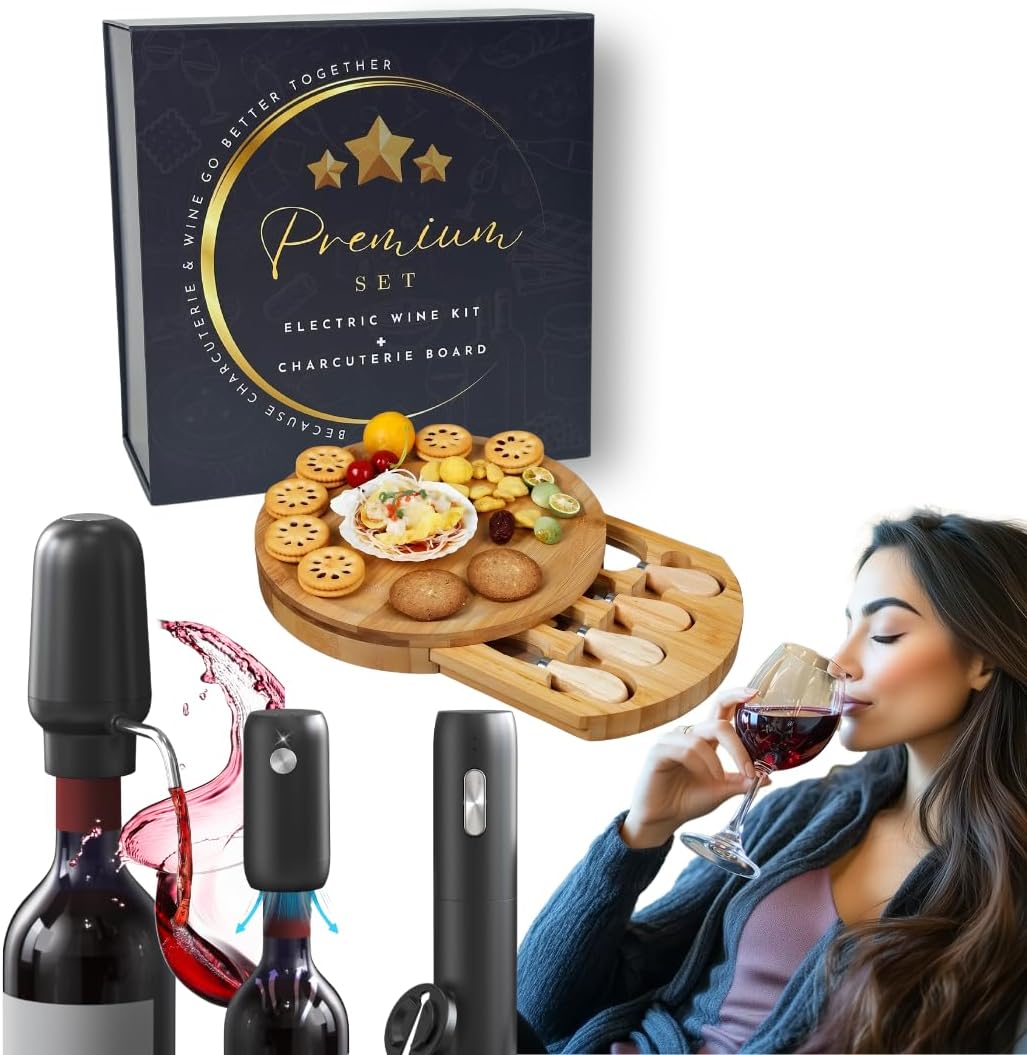 Rechargeable Electric Wine Opener Set - Includes Foil Cutter, Wine Aerator Dispenser, Electric Vacuum Stopper, Charcuterie Board and Knives Set - Luxury Packaging for a Special Occasion