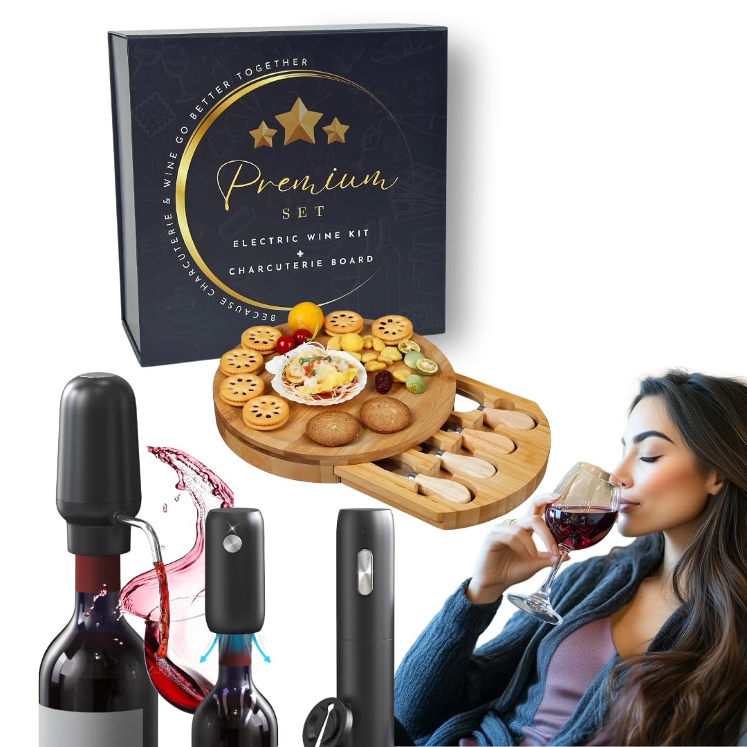 - Rechargeable Electric Wine Opener Set - Includes Foil Cutter, Wine Aerator Dispenser, Electric Vacuum Stopper, Charcuterie Board and Knives Set - Luxury Packaging for a Special Occasion