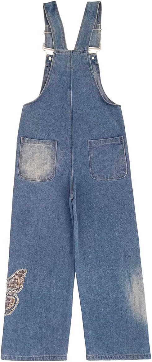 Peacolate 5-14years Little Big Girls Butterfly Embroidery Blue Denim Overalls - Image 2