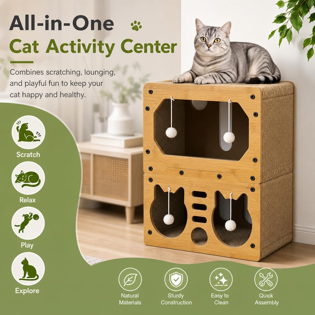 Casa tiragraffi in cartone a 2 piani, per interni, con tavola tiragraffi e palla sospesa, mobili per gatti multifunzione per giocare, riposare, dormire, 45 x 28 x 51 cm