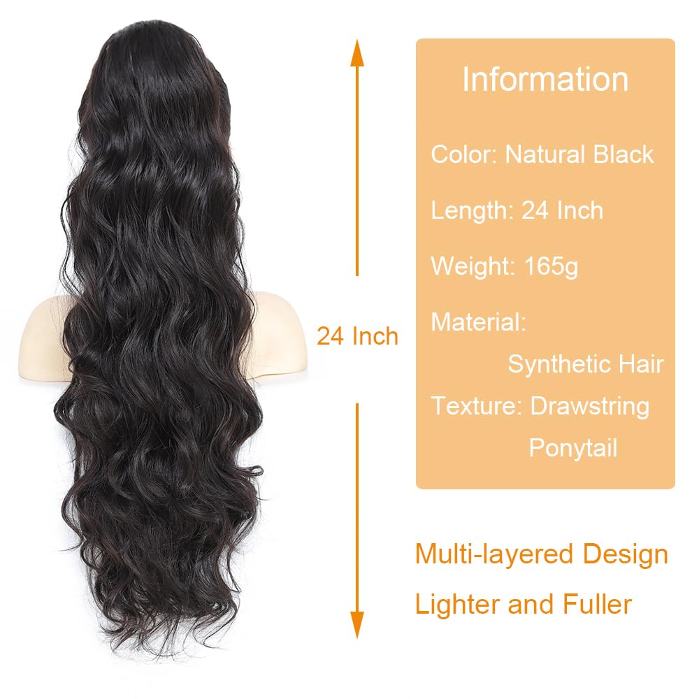 KETHBE Ponytail Extension,24 inch Drawstring Ponytail Hair Extensions,Long Body Wave Synthetic Pony Tails Hair Pieces for Daily Use (Natural Black)
