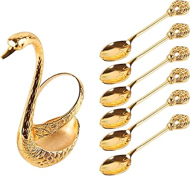 4.8 in Coffee Spoon Set With Holder, Swan Spoon And Fork Holder, Gold Durable Spoons Coffee Station Storage Organizer For Home Kitchen Christmas Universal GiftGold