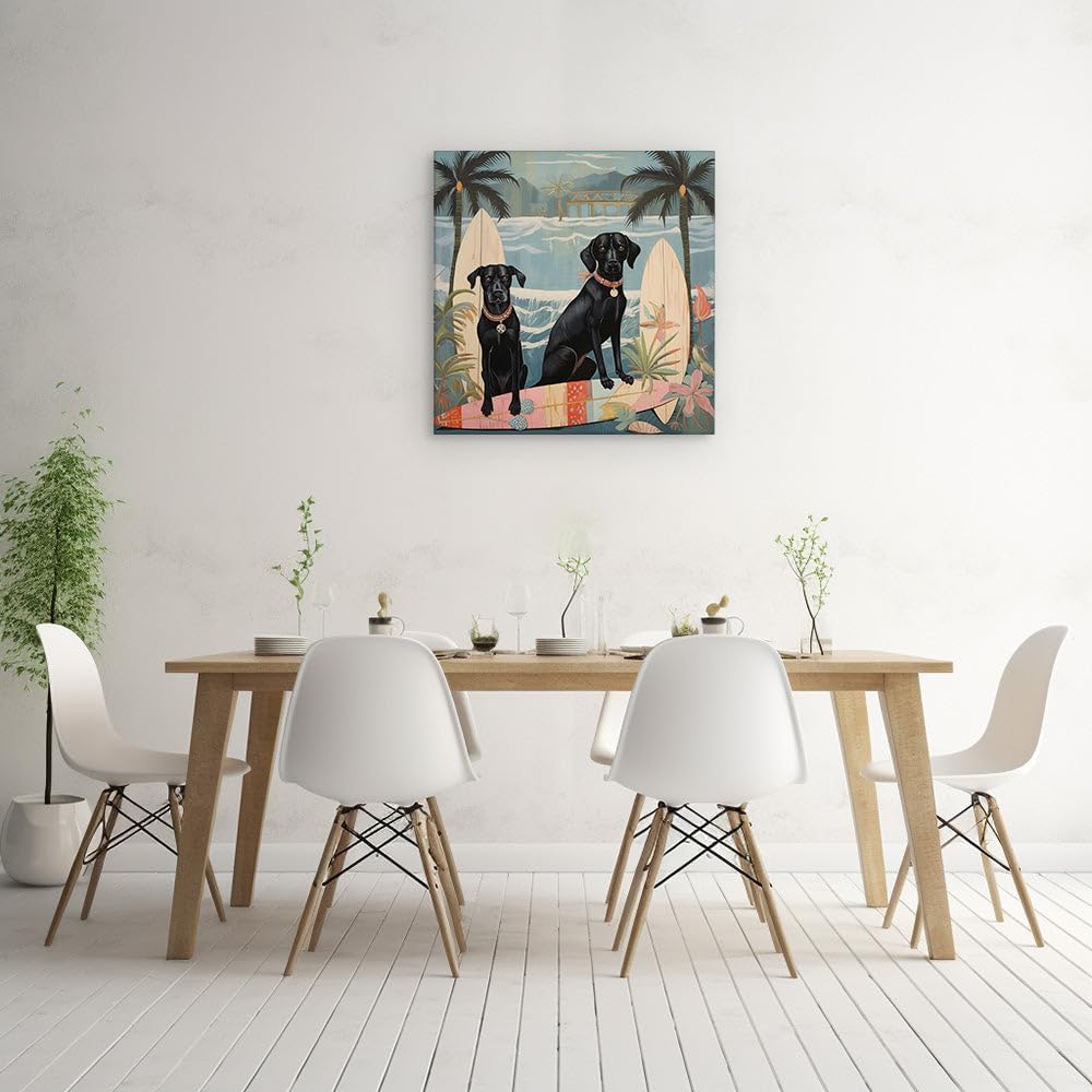 Canvas for Living room. Surf's Pup Paradise: Black Labs Catch the Wave in Tropical Bliss, 27 x 18 inch Canvas Wall Art - Ready to Hang - 69x46 cm (27x18 inch)