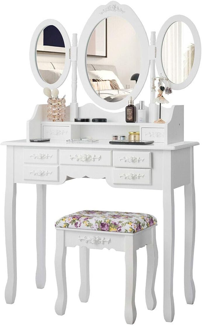 Vanity Makeup Set Tri-Folding Mirror Dressing Table Stool Set 7 Drawer Bedroom