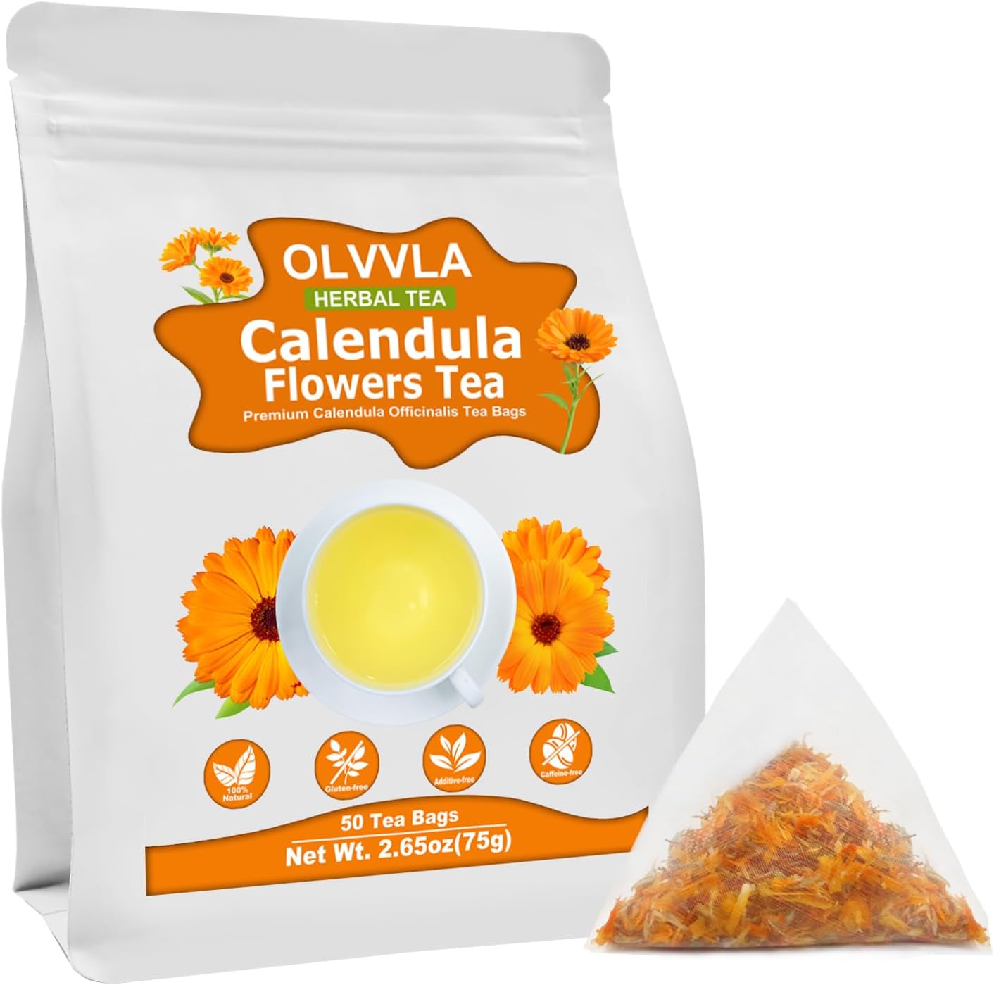 Olvvla - Natural Calendula Flowers Tea Bags - 1.5g X 50 Count - Premium Calendula Tea - Non-GMO - Caffeine-free - Dried Calendula Herbal Tea - Rich in Antioxidants & Promote Relaxation