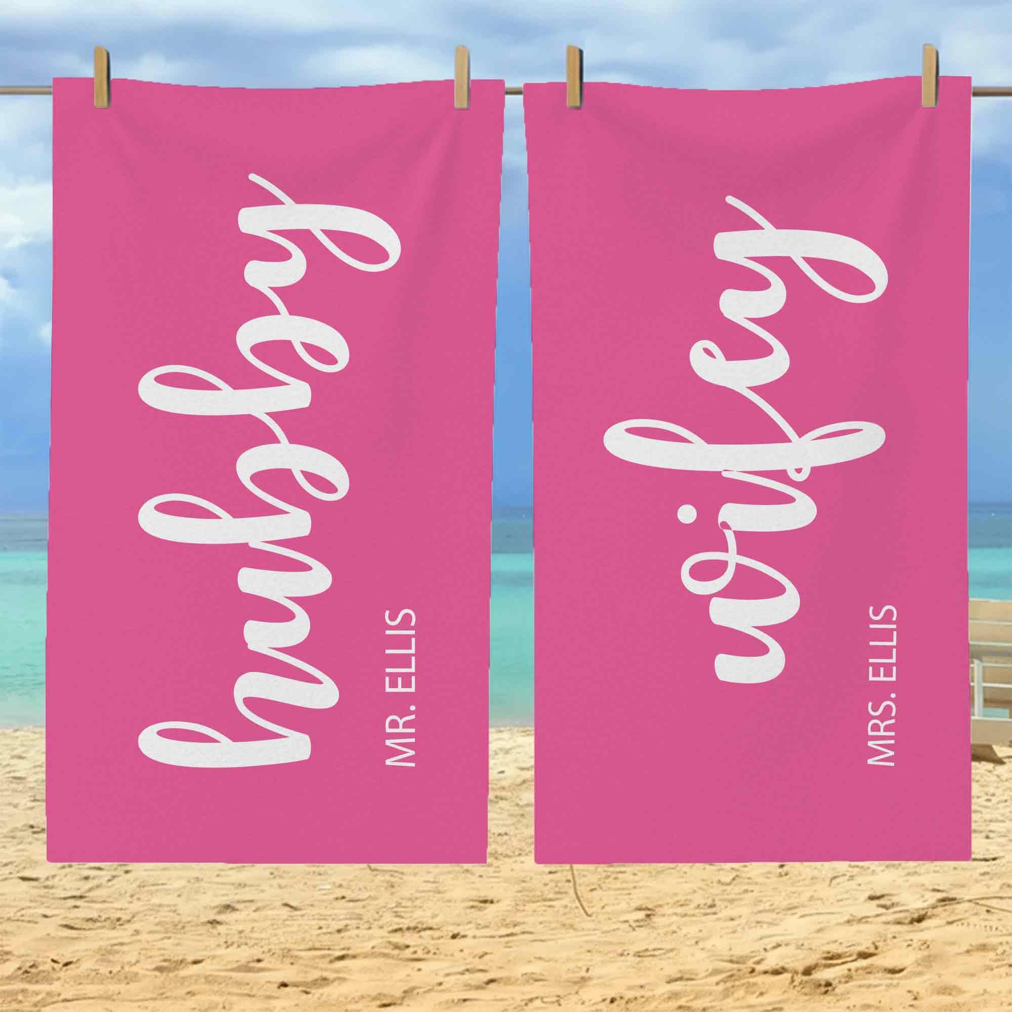 Print Maniacs Personalised Couple Beach Towel Hubby and Wifey Custom Name Microfibre Towel Large Quick Dry Lightweight Travel Towel Honeymoon Holiday Pool Gym Spa