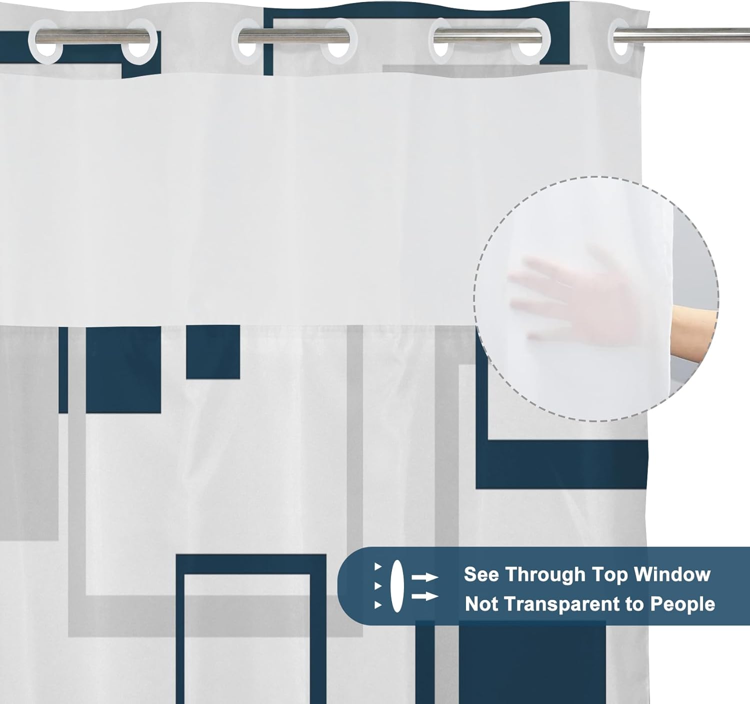 AWERT No Hook Shower Curtain with Snap in Liner Navy Blue Geometric Shower Curtain and Liner Set Double Layers Waterproof Fabric and See-Through Top Window Bathroom Decorative 71x83inch