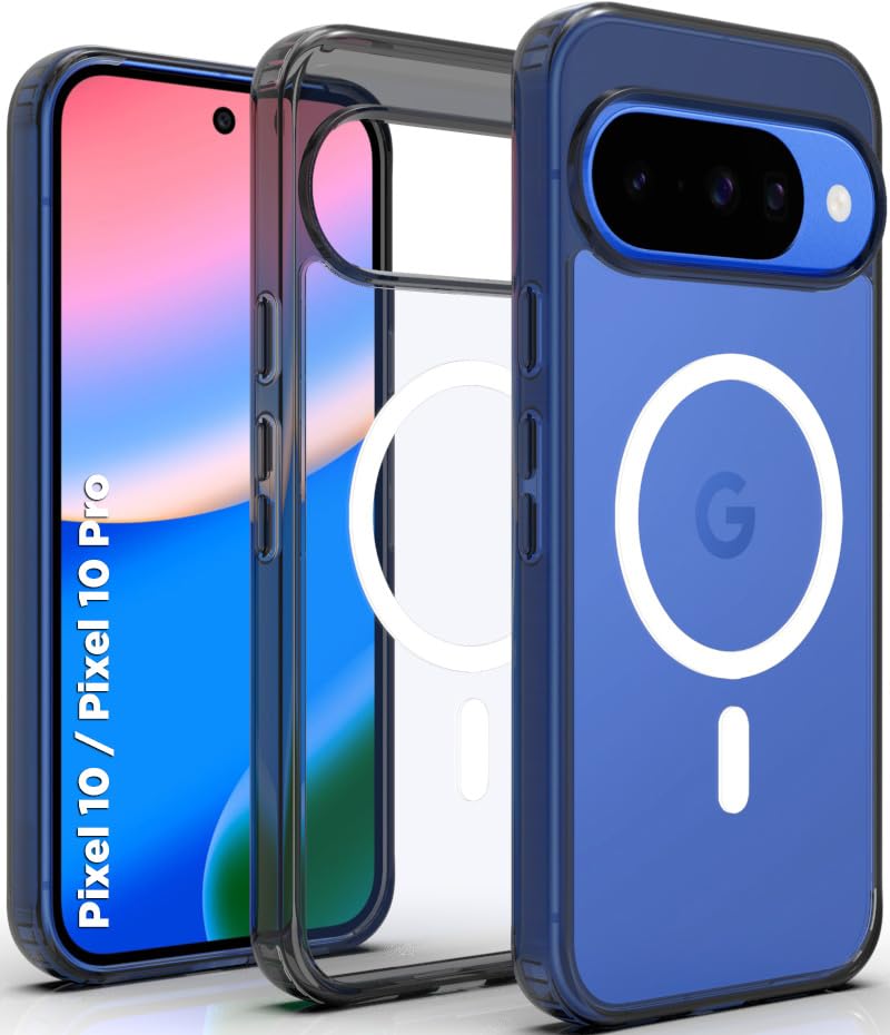 Image of RIGGEAR Shockproof Clear Hybrid Armor Magnetic Back Cover Case Compatible with MagSafe Accessories for Google Pixel 10 / Pixel 10 Pro (Clear-Black TPU Bumper + Transparent PC)(White MagRing)