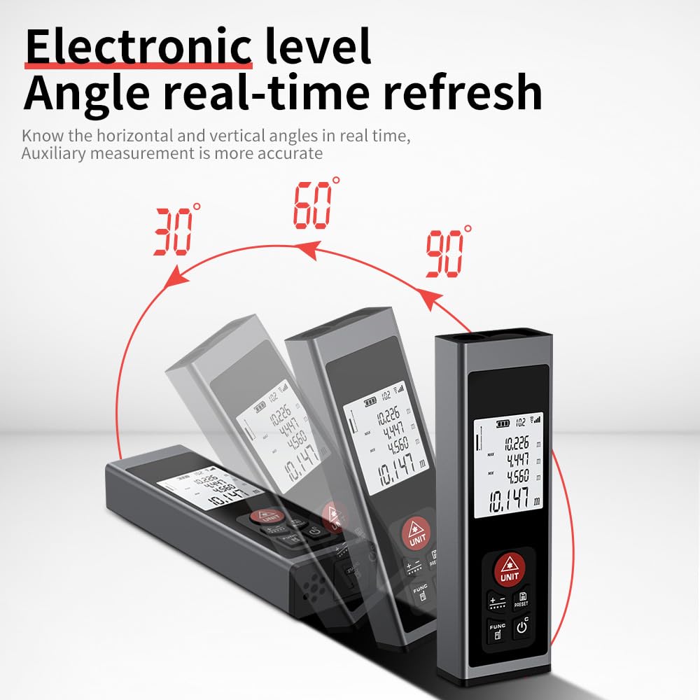 REVASRI 40M Télémètre Professionnel, télémètre Laser avec Niveau à Bulle électronique M/in/Ft rétroéclairage LCD Distance/Zone/Volume/Pythagore/Mesure Continue et USB C Rechargeable