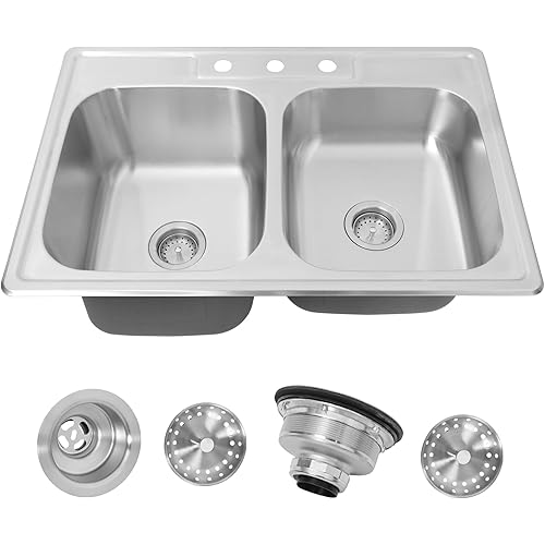 Double Bowl Kitchen Sink 33''x22'',T304 Stainless Steel Drop In Kitchen Sink, Large Deep Double Sink with Strainers,Brushed Finish