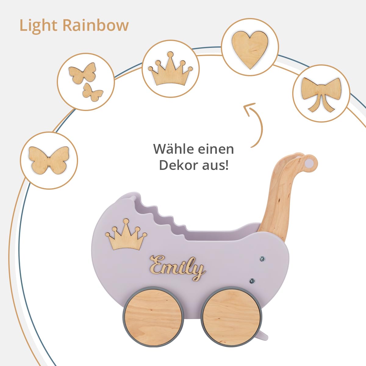 Puppenwagen ab 1 Jahr - Individuell mit Namen - Handgefertigter Puppenwagen - Holzpuppenwagen - Sicher Abgerundete Kanten - Ausdrucksstarke und Schöne Farben (Lavendel)