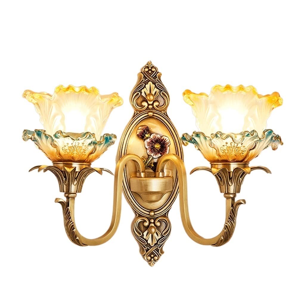 HXYSXHJUO Wall Mounted Light Vintage Copper Lamp With Flower Shaped Glass Shade, European Style Traditional Classical Lighting Brass Fixture Bedside L(2 Lights)