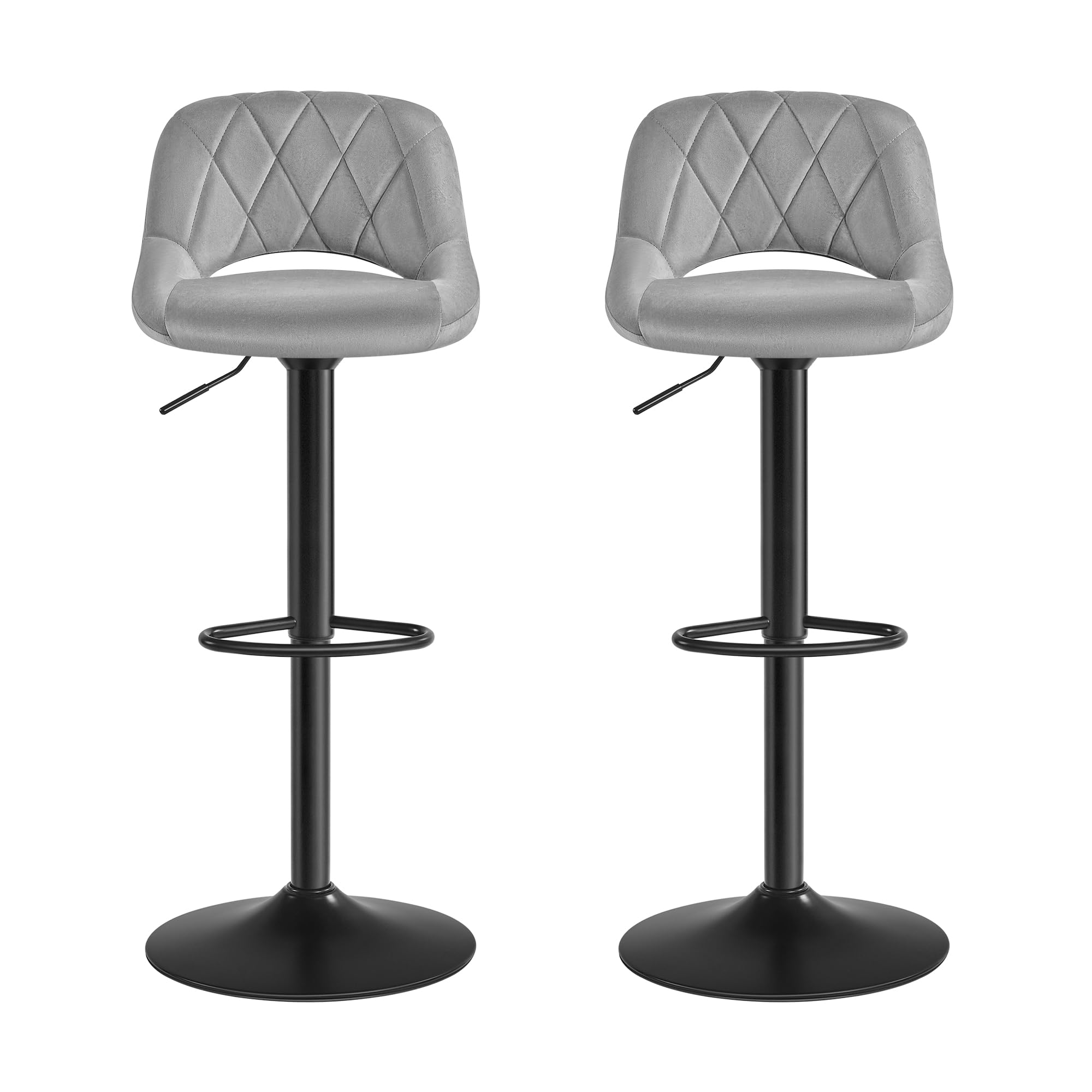 SONGMICS Bar Stool, Set of 2, Kitchen Chairs with Stable Metal Frame and Velvet Cover, Footrest, Adjustable Seat Height, Easy Assembly, Retro, Light Grey, LJB072G02