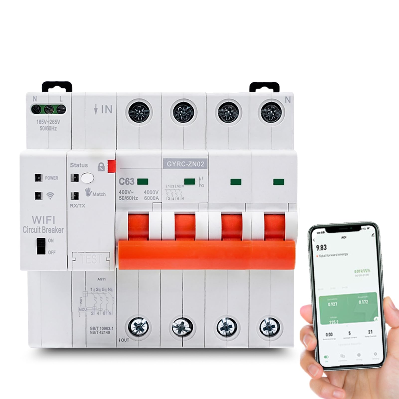 Jadeshay Disyuntor Inteligente WiFi,4P 63A Interruptor Inteligente Rearme Automatico Interruptor Magnetotermico con Protección contra Sobretensión Sobrecarga,WiFi Control Remoto via Tuya o Smart Life