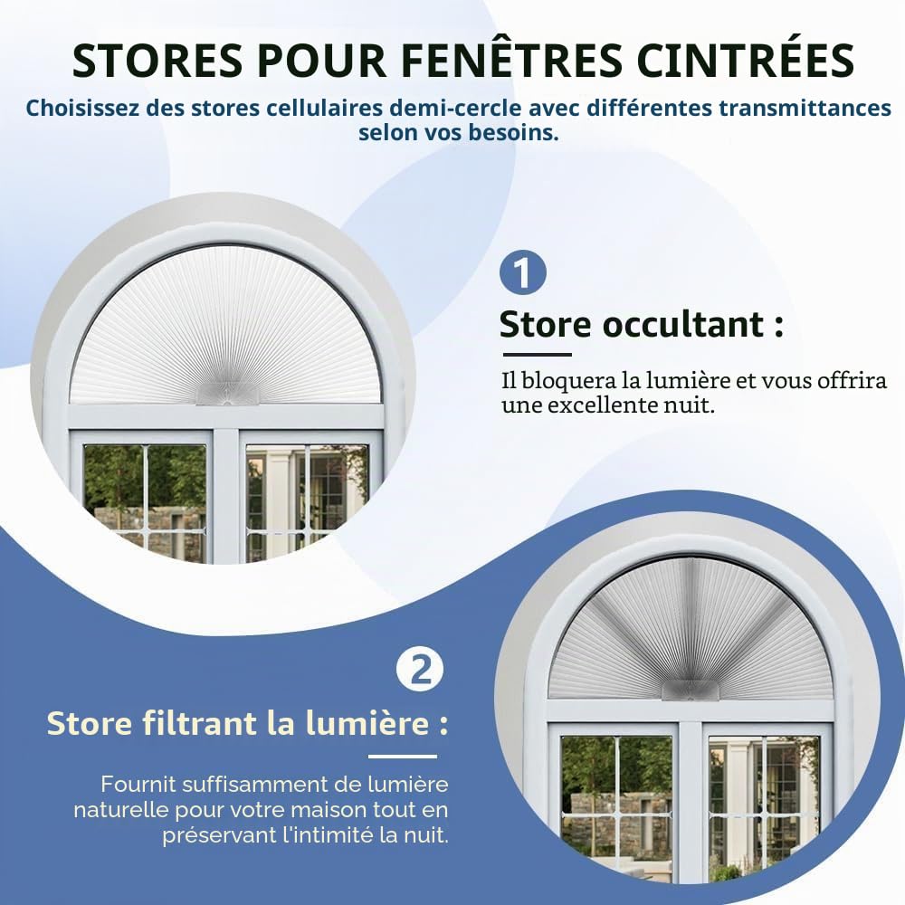 Stores occultants en forme de voûte cellulaire en demi-cercle, stores plissés en demi-lune pour fenêtres en demi-cercle, faciles à couper et à installer (rayon : 61 cm, blanc)