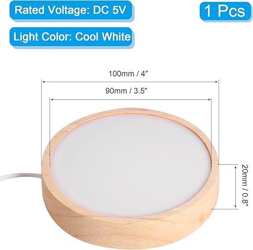Miniatura 2 de PATIKIL Base de luz LED de madera de 4 pulgadas, base de exhibición de luz de madera con interruptor para arte de resina de cristal 3D, blanco frío