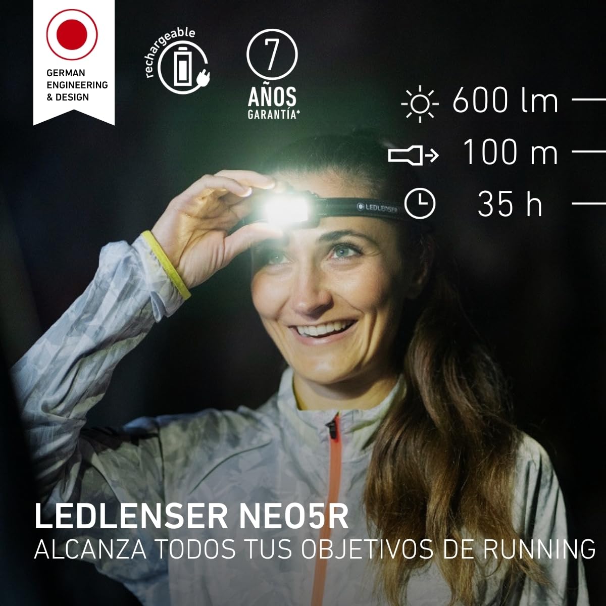 Ledlenser NEO5R Linterna Frontal Recargable, 600lm, 104g, IP54, Running