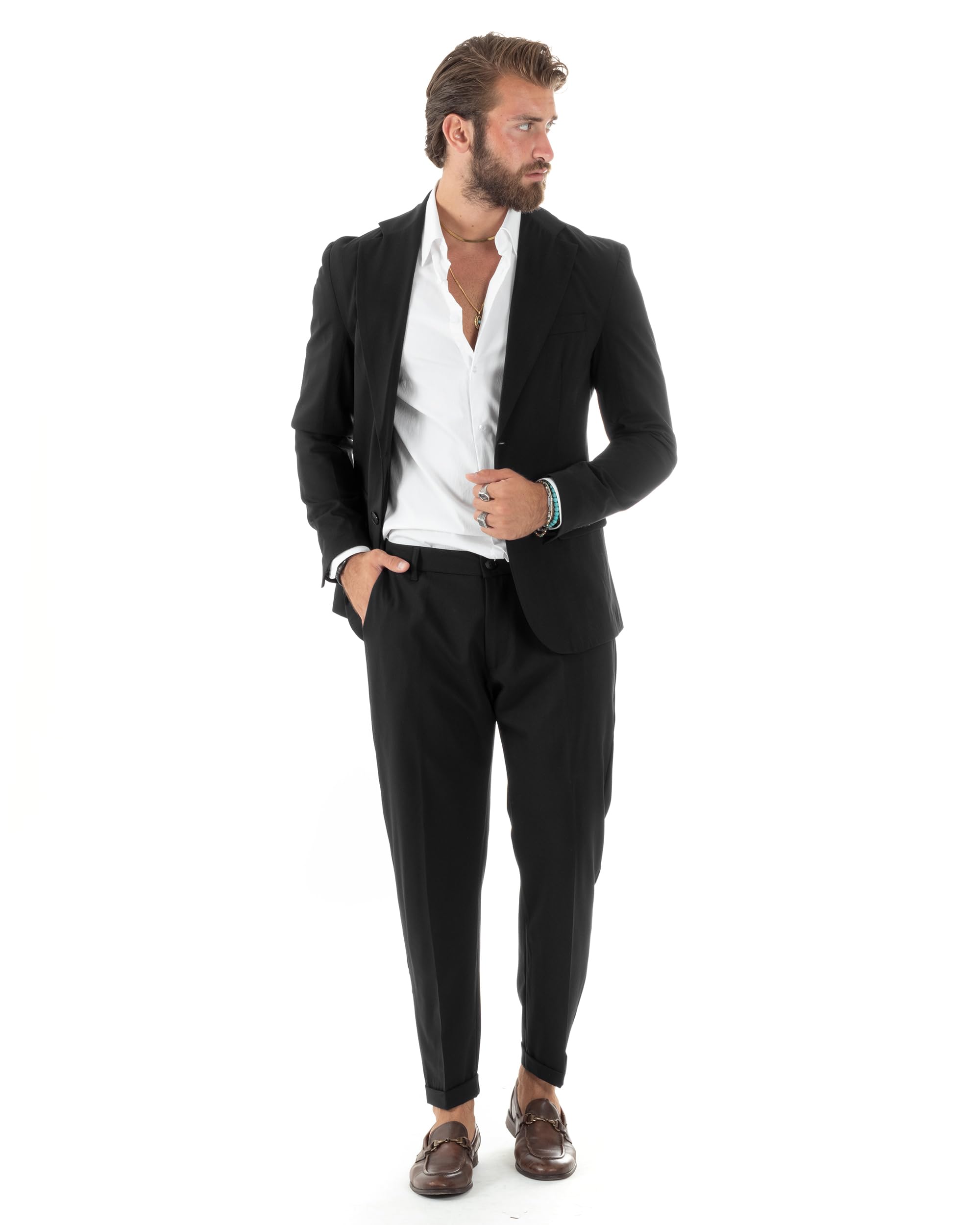 Abito Uomo Monopetto Vestito Viscosa Completo Giacca Pantaloni Elegante Casual Slim Fit Tinta Unita Vari Colori