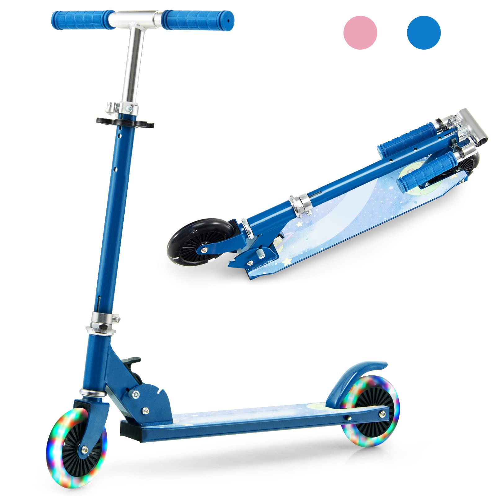 GOPLUS Roller Kinder 3 Jahre, 3-Stufig höhenverstellbarer Kinderroller, Kinder Scooter mit LED Rädern & Hinterradbremse, klappbarer Kickscooter mit/ohne Tragegurt & Ständer, Leichter Aluminium-Roller