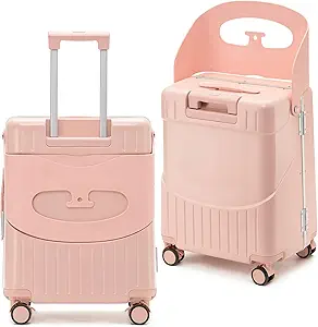 20-Inch Ride-On Suitcase for Kids & Adults – TSA-Approved Underseat Carry-On Luggage with 360° Wheels, Built-In Seat & Safety Belt – Lightweight Durable Spinner Suitcase for Airplane Travel Fits Ages