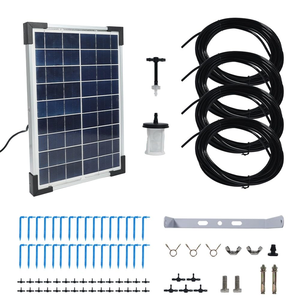 Lecreatekit Sistema di irrigazione solare con pannello da 5 W, kit di irrigazione automatica con 30 emettitori di gocciolamento e tubo da 35 m per piante in vaso da giardino