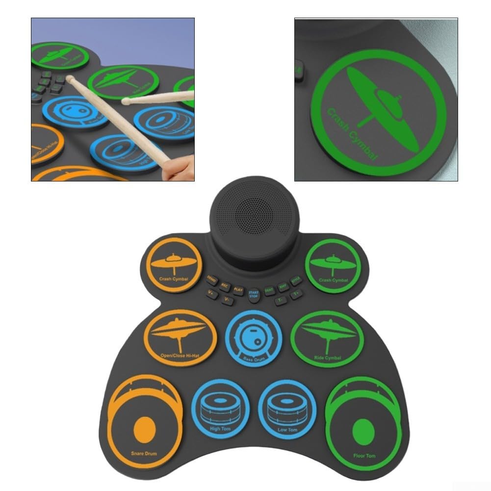 Zoegneer Set di batteria elettronica portatile con 9 cuscinetti arrotolabili, con uscita altoparlanti integrati e jack per cuffie, kit di pratica in silicone, per viaggi, casa, studio, nero