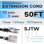 50 Ft Lighted Outdoor Extension Cord - 10/3 SJTW Heavy Duty Black Extension Cable with 3 Prong Grounded Plug for Safety, UL Listed