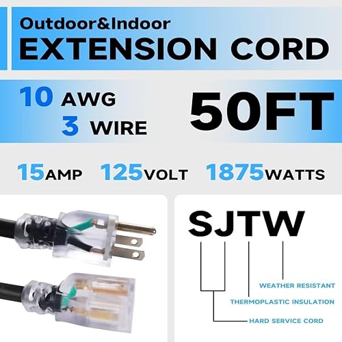 Miniatura 22 de Cable de extensión iluminado para exteriores de 50 pies - Cable de extensión amarillo resistente SJTW 10/3 con enchufe de conexión a tierra de 3