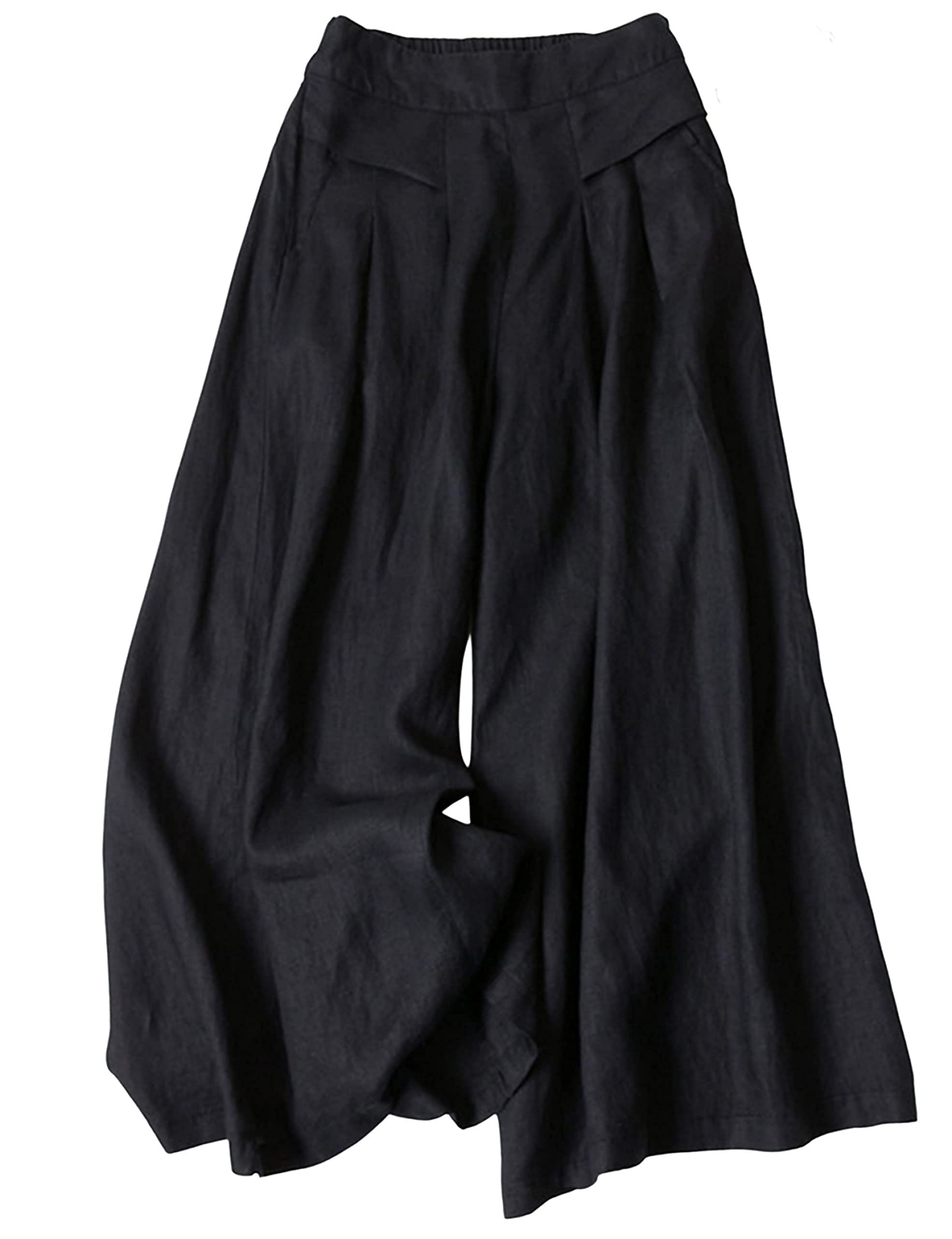 Photo 1 of Bianstore Women's Culottes Linen Cropped Wide Leg Pants Elastic Waist Casual Palazzo Trousers with Pockets (Black-Large)