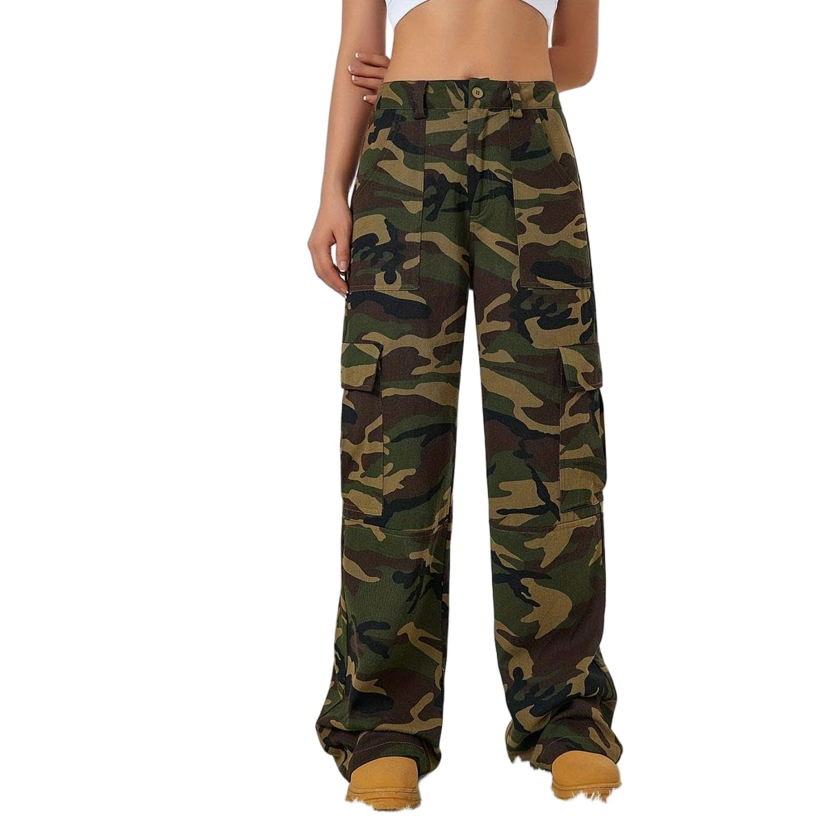 Womens Camouflage Print High Waisted Cargo Pants - Loose Wide Leg Streetwear Trousers with Multi Pockets