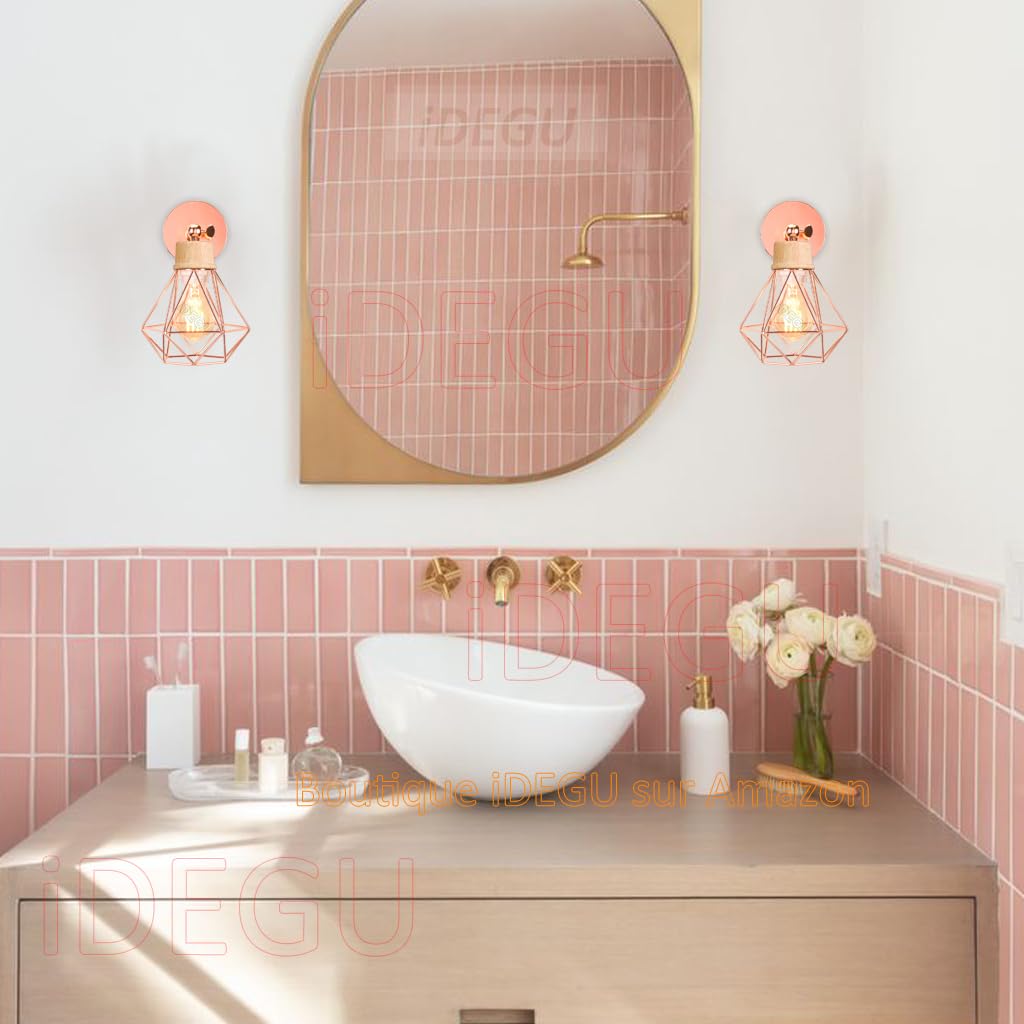 iDEGU Lot de 2 Appliques Murales Interieures Industrielle 16cm Luminaire Plafonnier en Bois et Métal Design Cage Réglable Lampe Murale Vintage E27 Éclairage Mural pour Salon Cuisine Chambre (Or Rose)