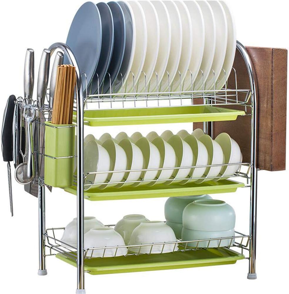 Dish Drying Rack 3-Tier Chrome Plating Dish Rack Stainless Steel Kitchen Dish Drainer Rack Organizer Tool-Free Installation With Utensil Holder/Drain Board/Cutting Board Bracket 3 Layers Cutlery Rack