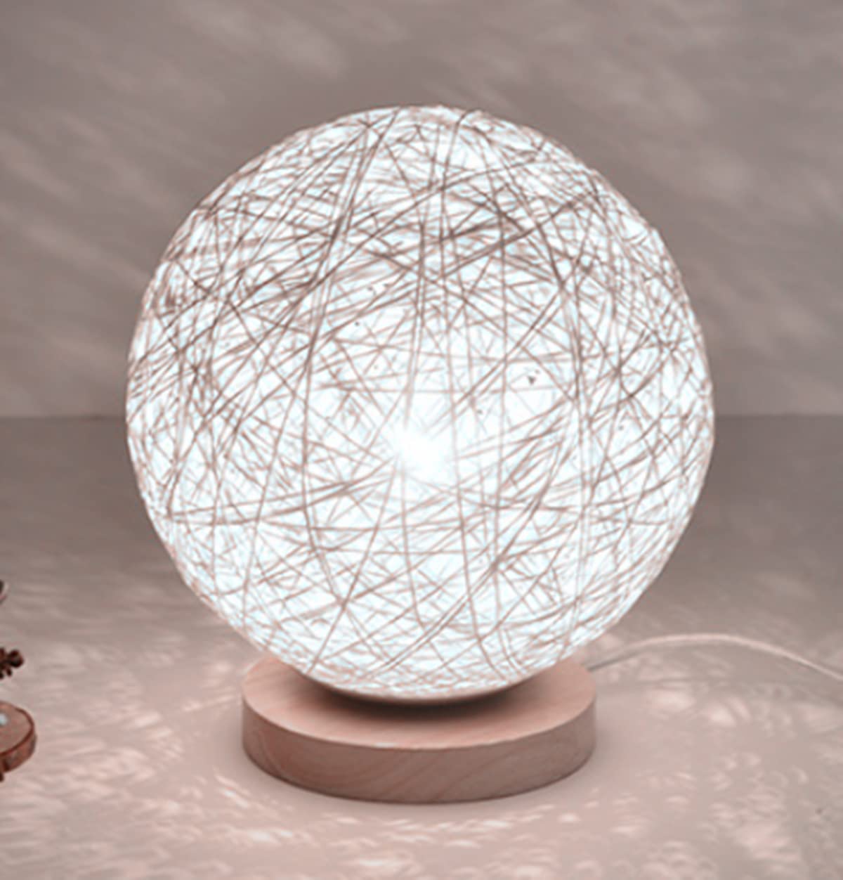 AALIN LED Table Light, Wooden Night Light Bedside Lamp Rattan Ball Desk Lamp USB Powered Reading Lamp Children Room Decoration Lamp Office Desk Lamp (Round Frame, White)