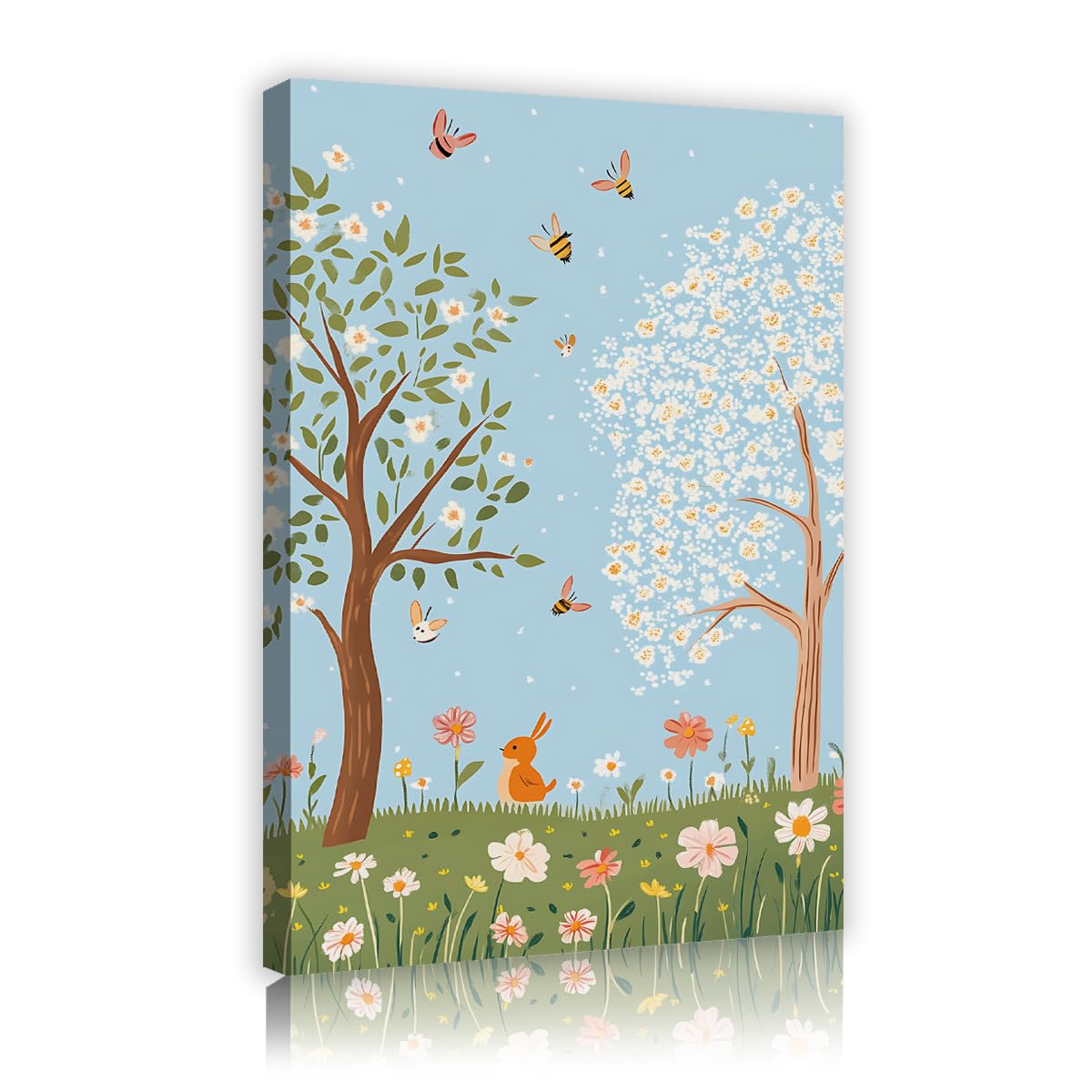 Via Vela Spring Blossom Canvas Wall Art Cute Bunny Bee Landscape Painting Whimsical Tree Wildflower Meadow Picture Floral Artwork for Nursery Kids Room Decor 70x110cm