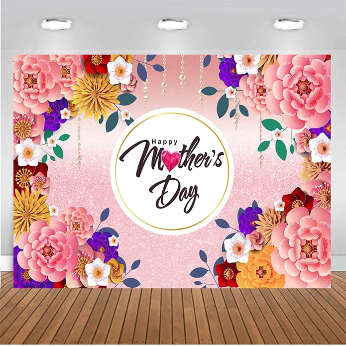 Mother's Day Photography Backdrop 8x6FT Mother's Day Birthday Party Background Pink Flower Wall Backdrop Women Queen's Day Thanks Mama Banner Photo