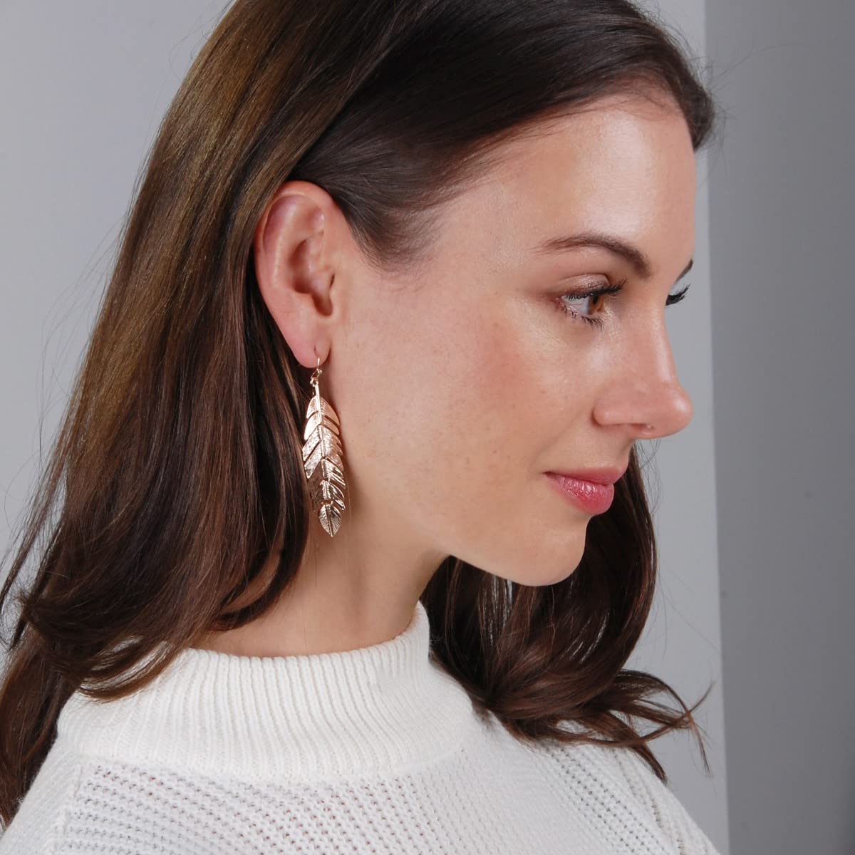 Leaf Earrings for Women - Long Hanging Boho Feather Earrings Plated in Gold, , or Rose Gold Tone: Rose Gold