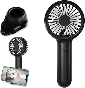 Handheld Mini Portable Fan, USB Desk Fan with Base as a Phone Holder, 3 Speeds Battery Operated Fans with RGB Color Light, Personal Fan for Kids, Women, Indoor, Outdoor Party(Black)