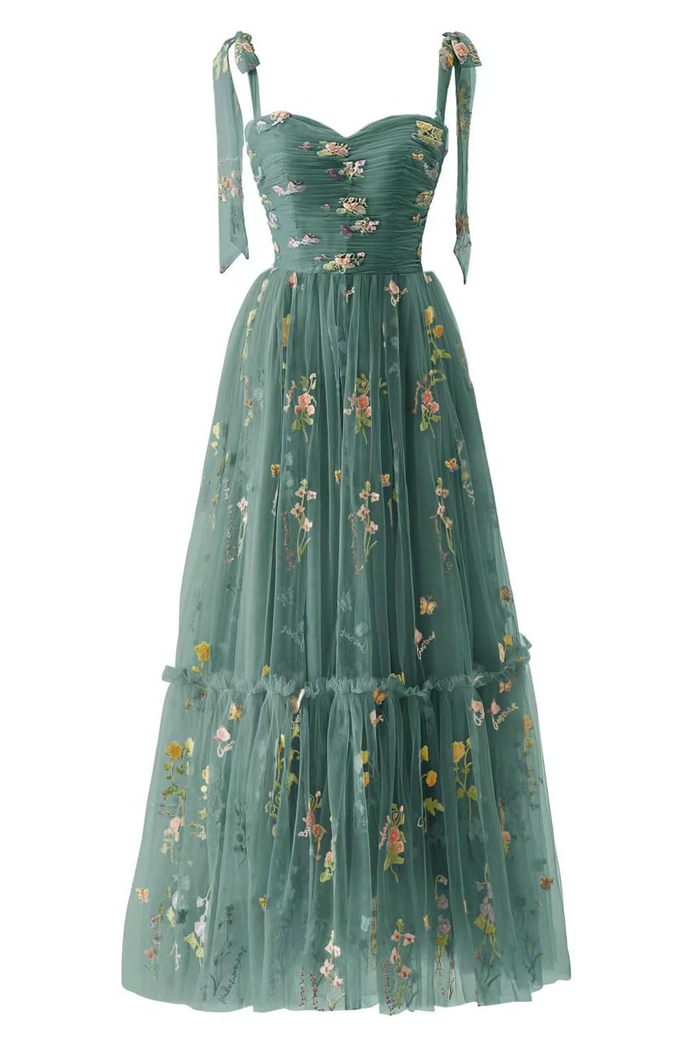 Sevintage Flower Embroidered Tulle Prom Dresses Spaghetti Straps Tea Length Formal Cocktail Party Gown