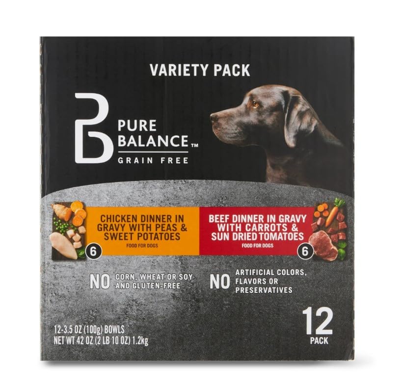 Pure Balance Grain-Free Wet Dog Food Variety Pack, Chicken Dinner with Peas & Sweet Potatoes and Beef Dinner with Carrots & Sun Dried Tomatoes in