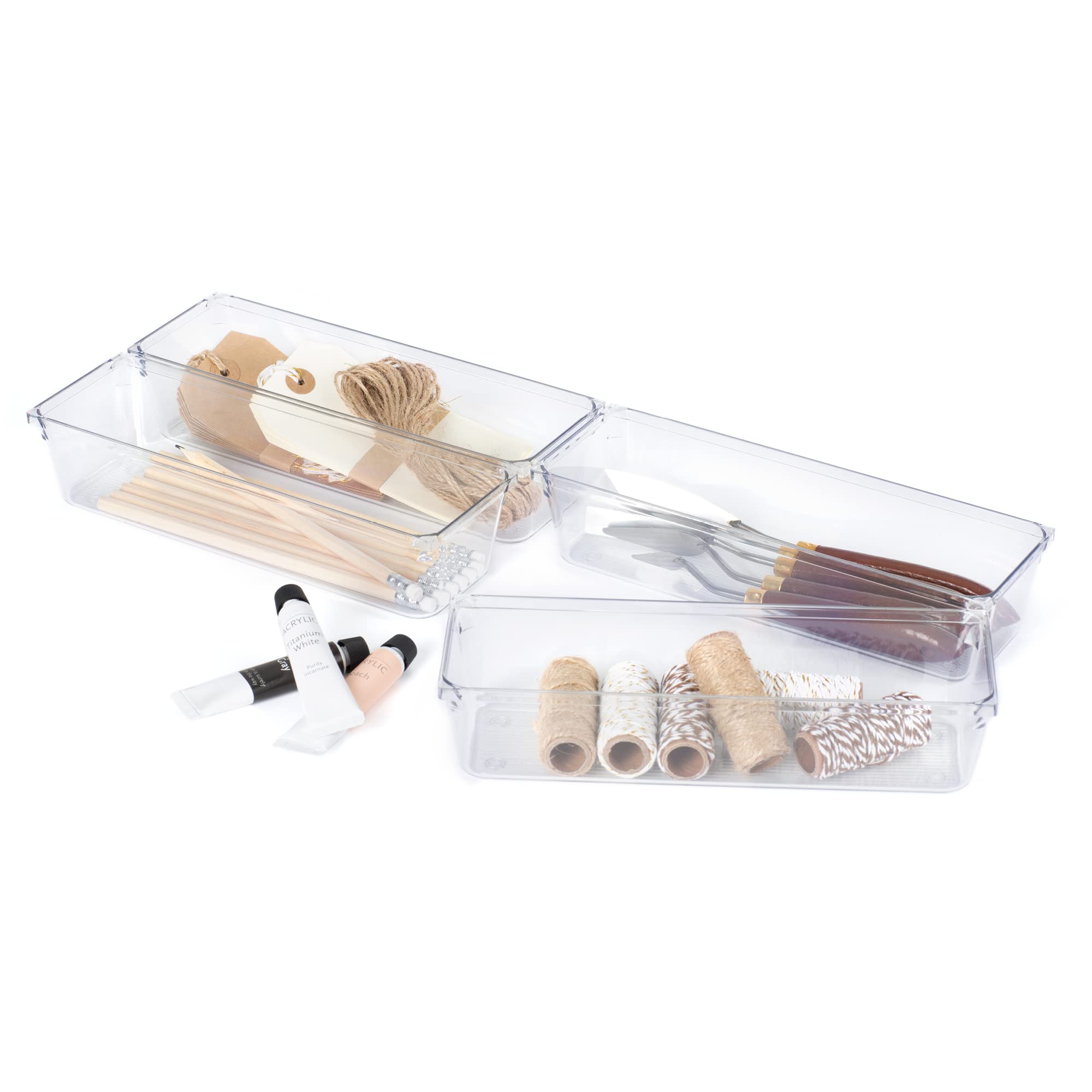 Livivo Clear Drawer Desk Organiser Made From Plastic Storage Box Divider For Makeup Stationary Utensils Tools In The Office Home Kitchen Garage Bedroom (4Pc Large)