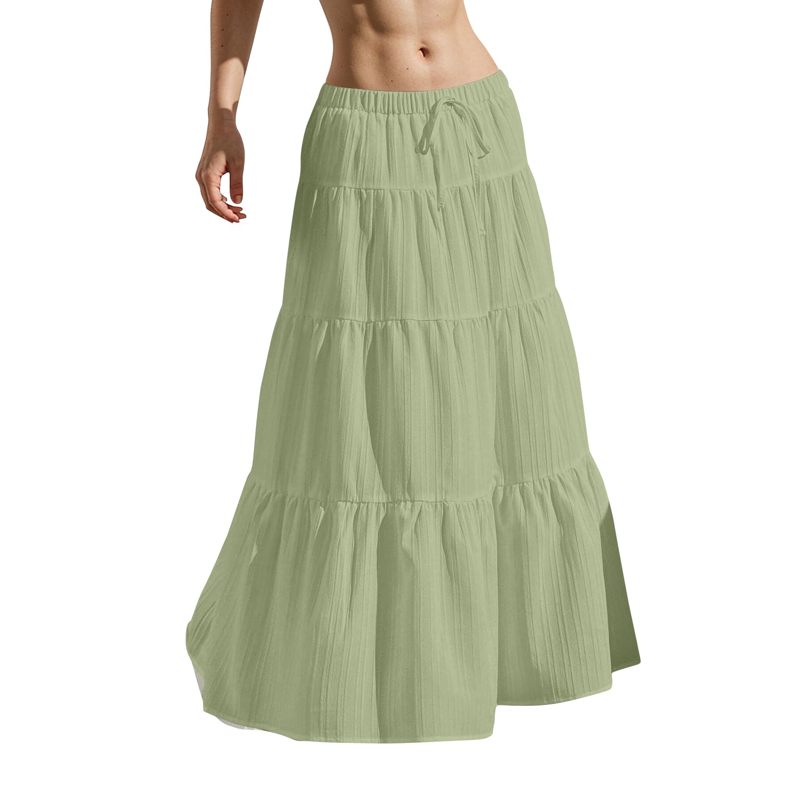 Tiered Long Skirts for Women Summer Vacation A-Line Pleated Skirt Drawstring High Waisted Flowy Swing Maxi